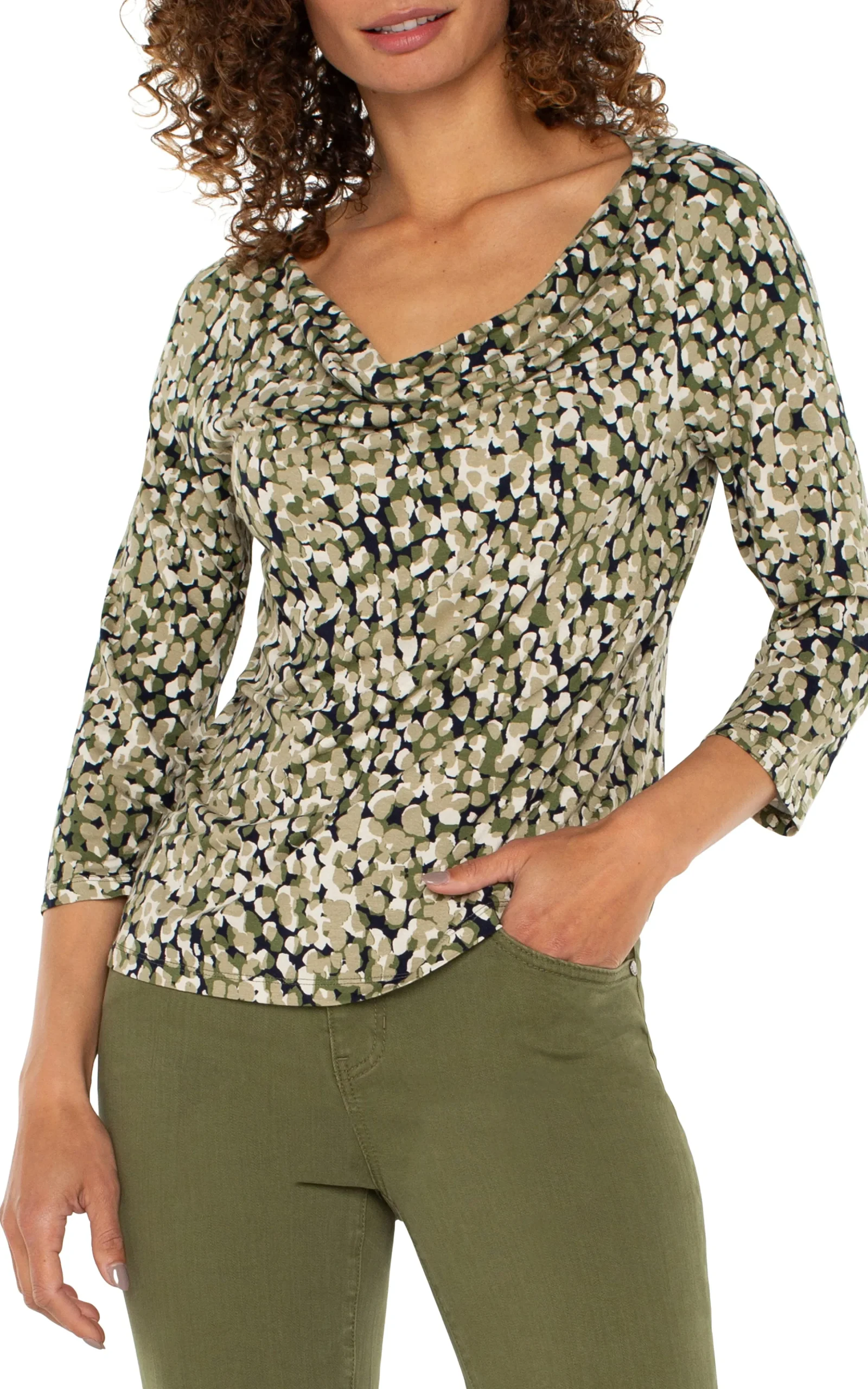 Liverpool Los Angeles Tees-3/4 SLEEVE DRAPED NECK KNIT TOP Olivecamodot