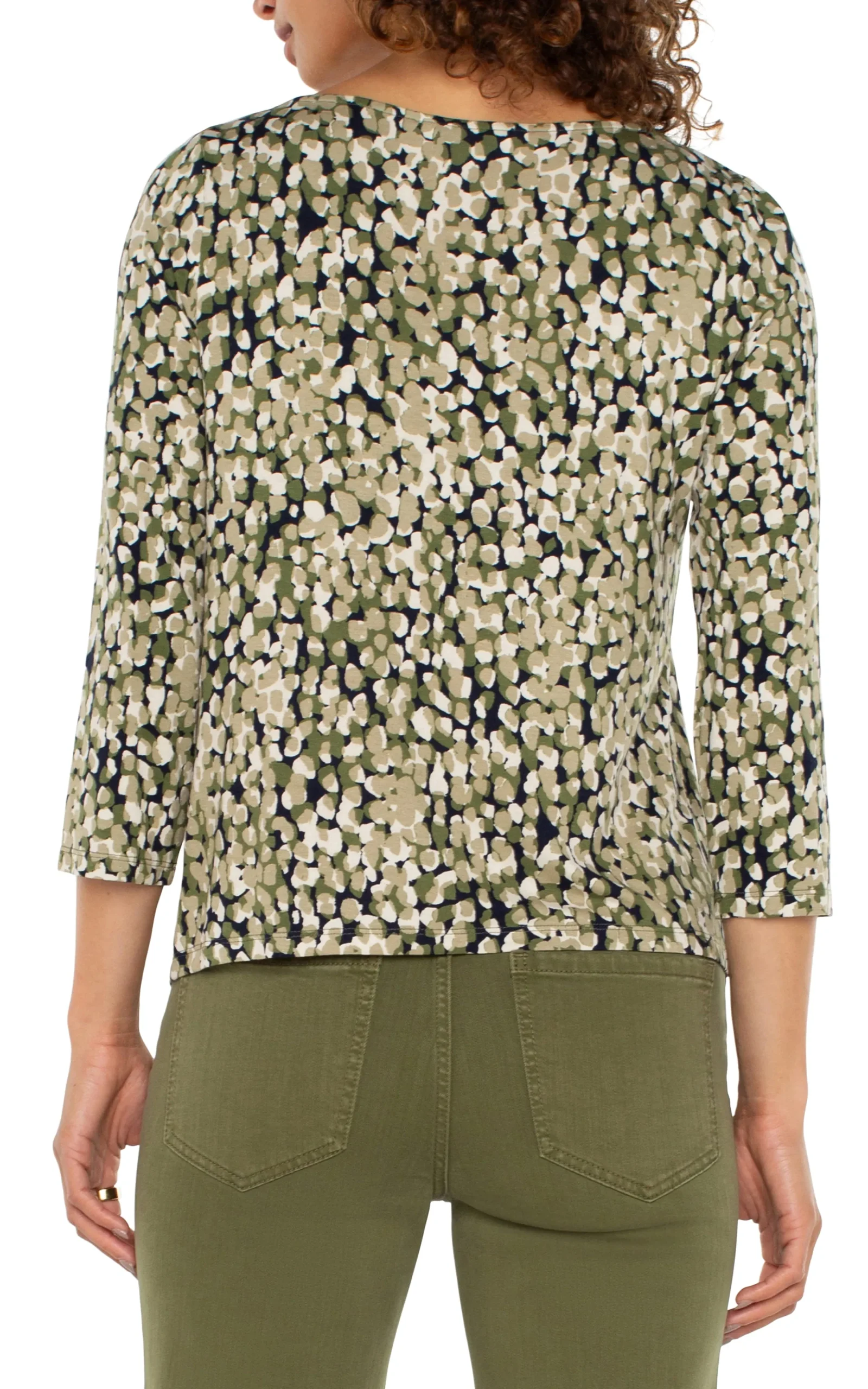 Liverpool Los Angeles Tees-3/4 SLEEVE DRAPED NECK KNIT TOP Olivecamodot