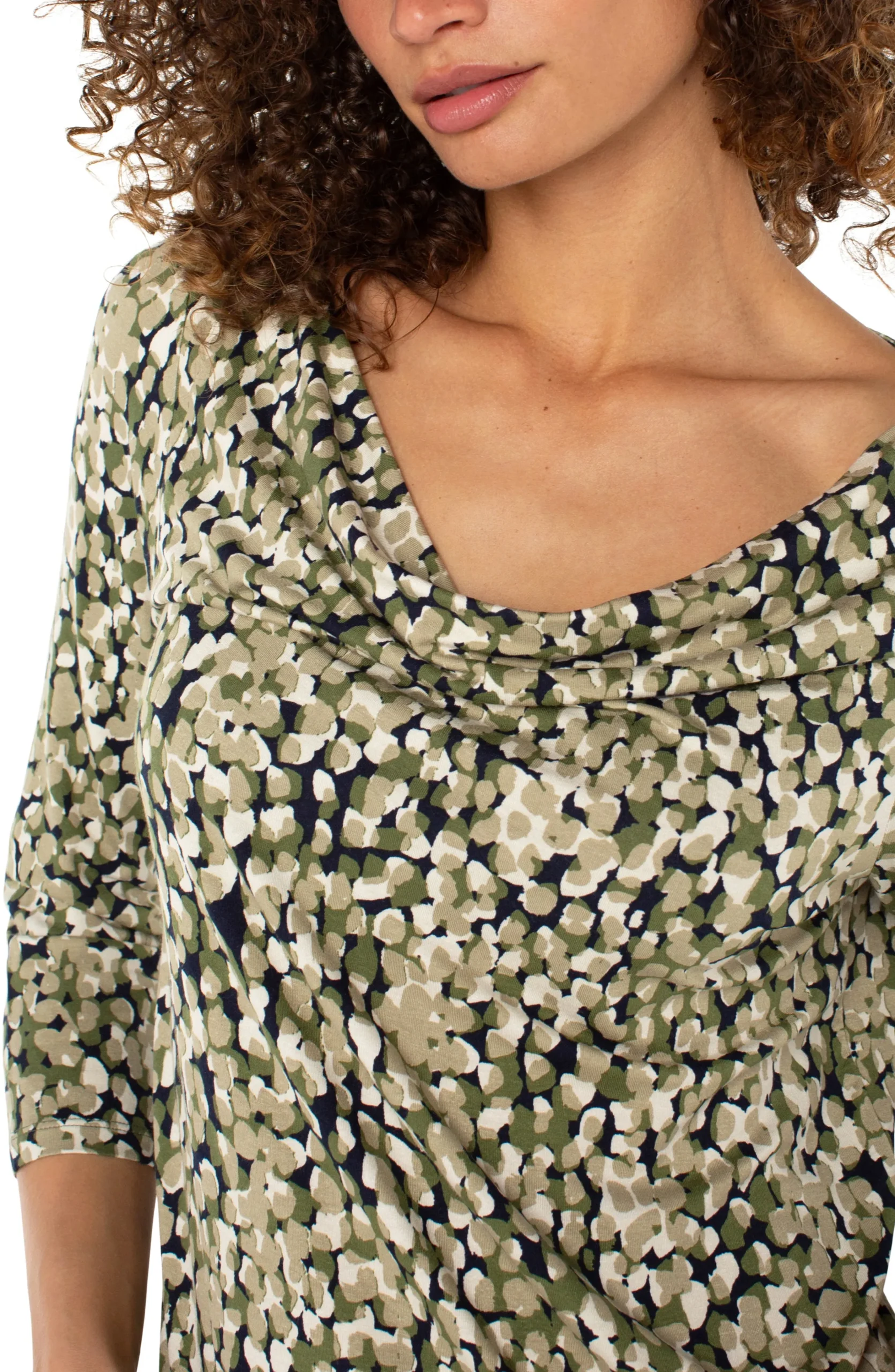 Liverpool Los Angeles Tees-3/4 SLEEVE DRAPED NECK KNIT TOP Olivecamodot