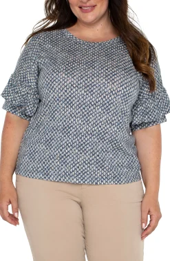 Liverpool Los Angeles Tops-1/2 SLEEVE DROP SHOULDER WITH RUFFLE Navytextureddots