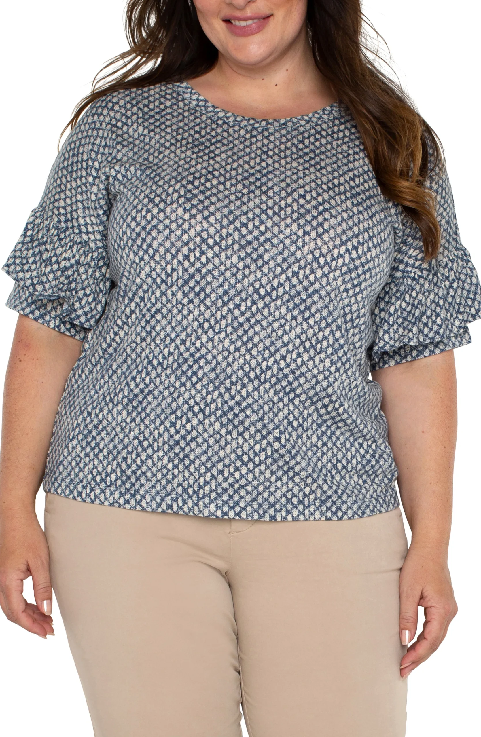 Liverpool Los Angeles Tops-1/2 SLEEVE DROP SHOULDER WITH RUFFLE Navytextureddots