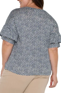 Liverpool Los Angeles Tops-1/2 SLEEVE DROP SHOULDER WITH RUFFLE Navytextureddots