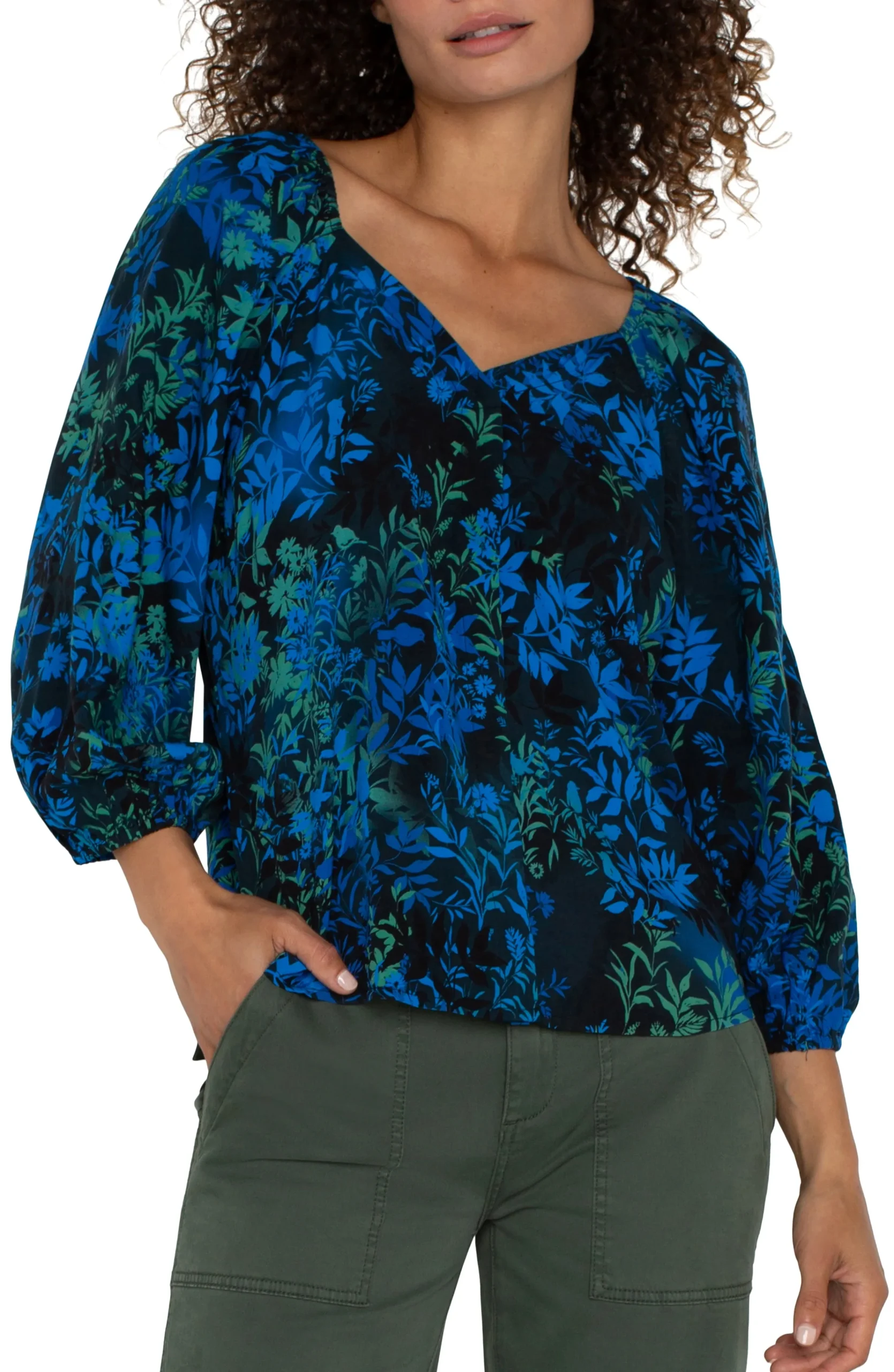 Liverpool Los Angeles Tops-3/4 SLEEVE SWEETHEART NECK WOVEN BLOUSE Bluetopazmulti