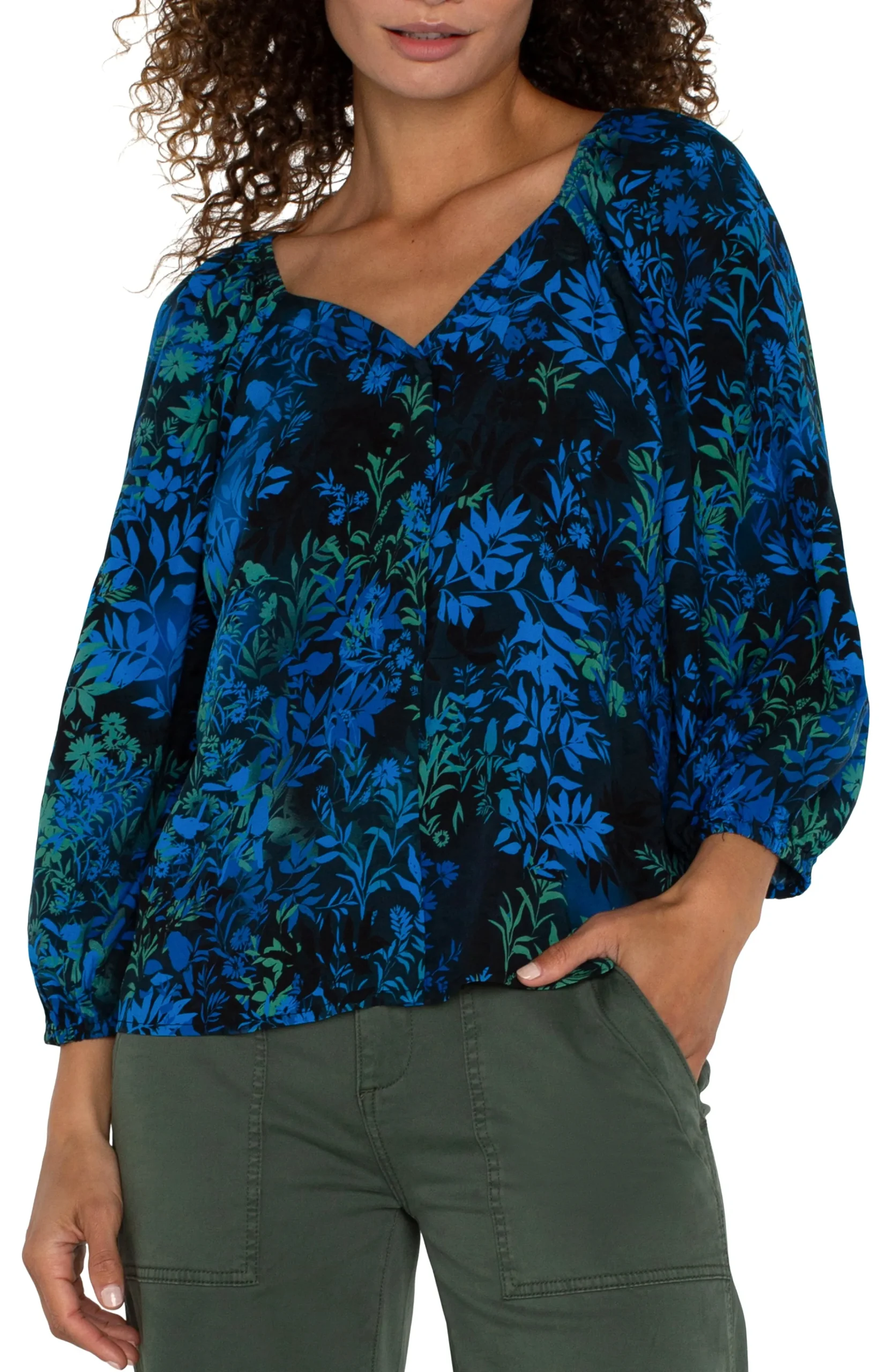 Liverpool Los Angeles Tops-3/4 SLEEVE SWEETHEART NECK WOVEN BLOUSE Bluetopazmulti