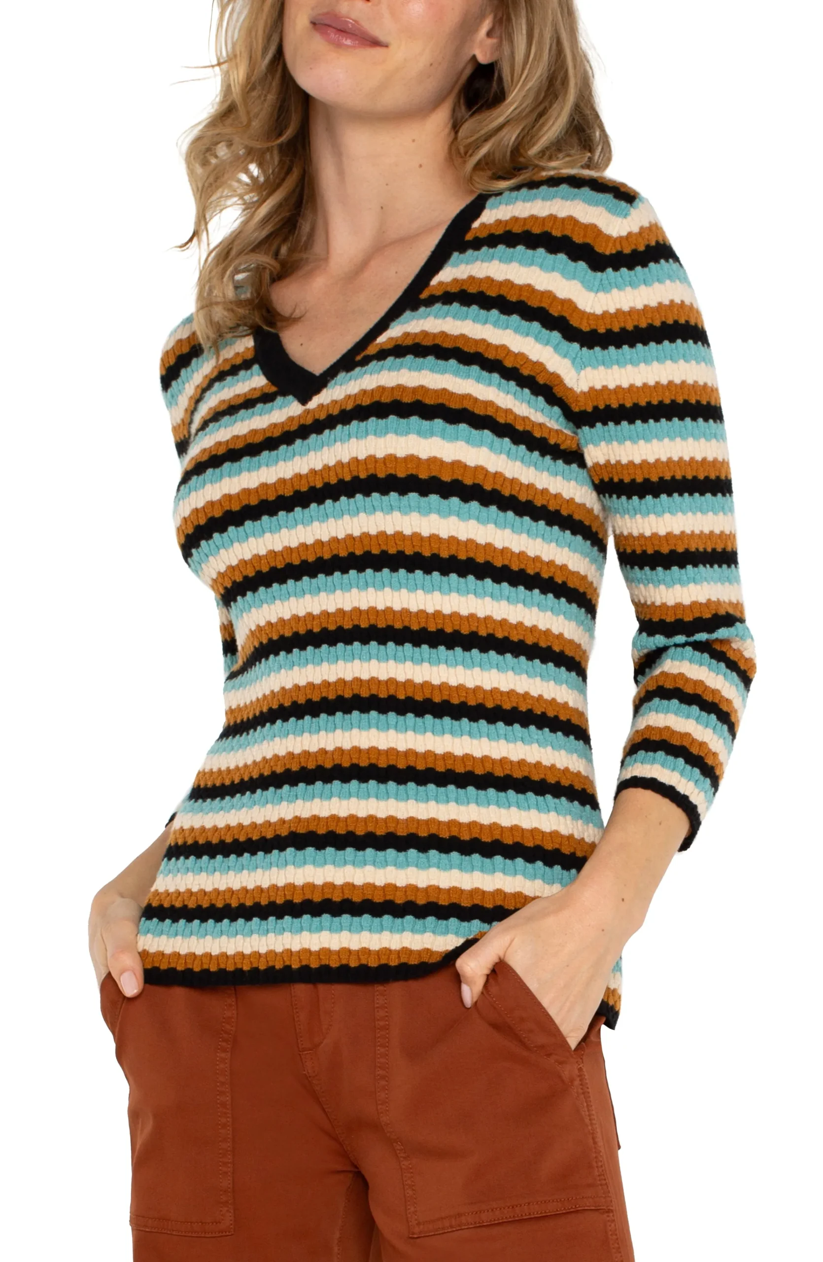 Liverpool Los Angeles Sweaters-3/4 SLEEVE V-NECK SWEATER Oceanmultistripe