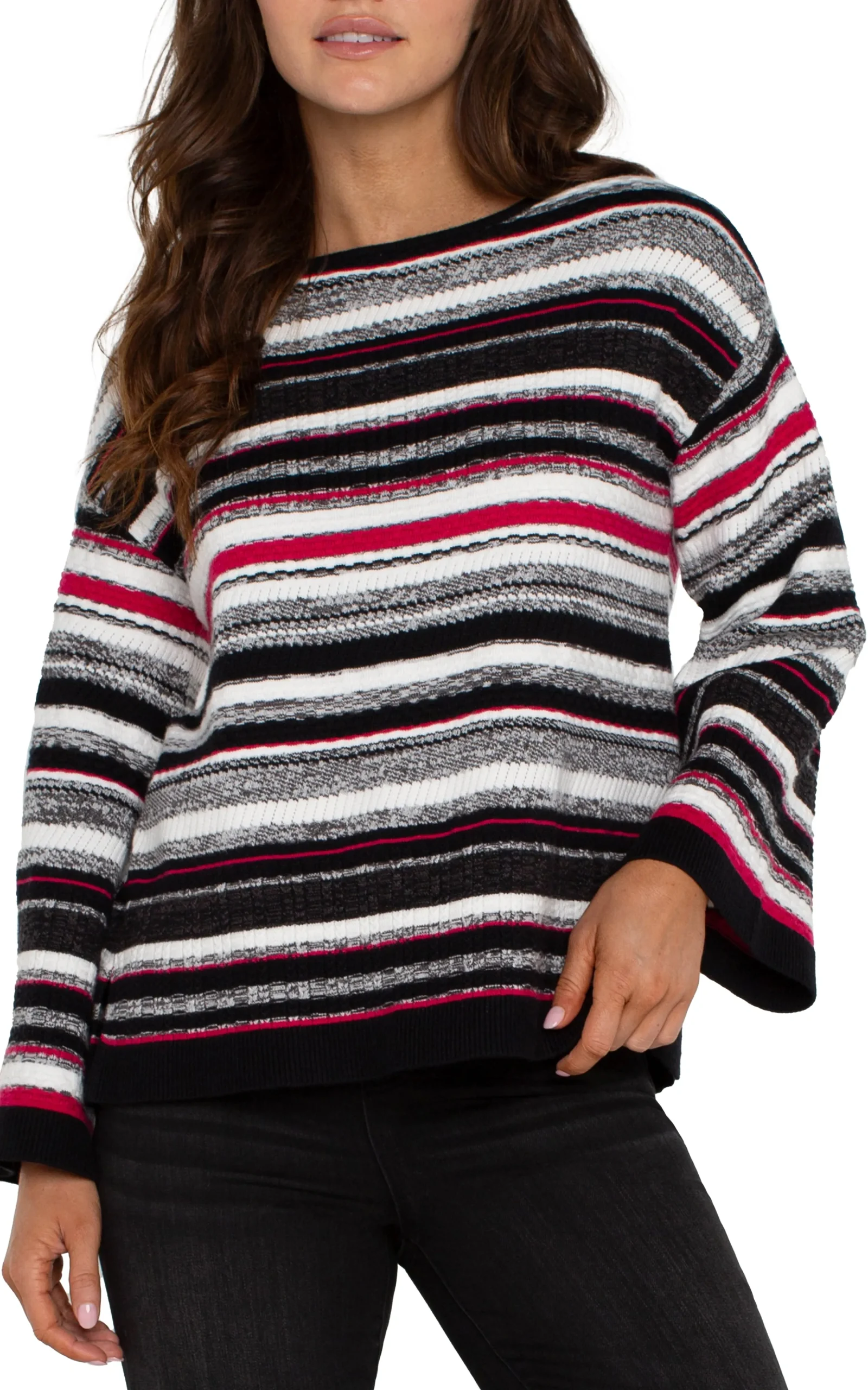 Liverpool Los Angeles Sweaters-BOAT NECK STRIPED SWEATER Blackstriperubymulti