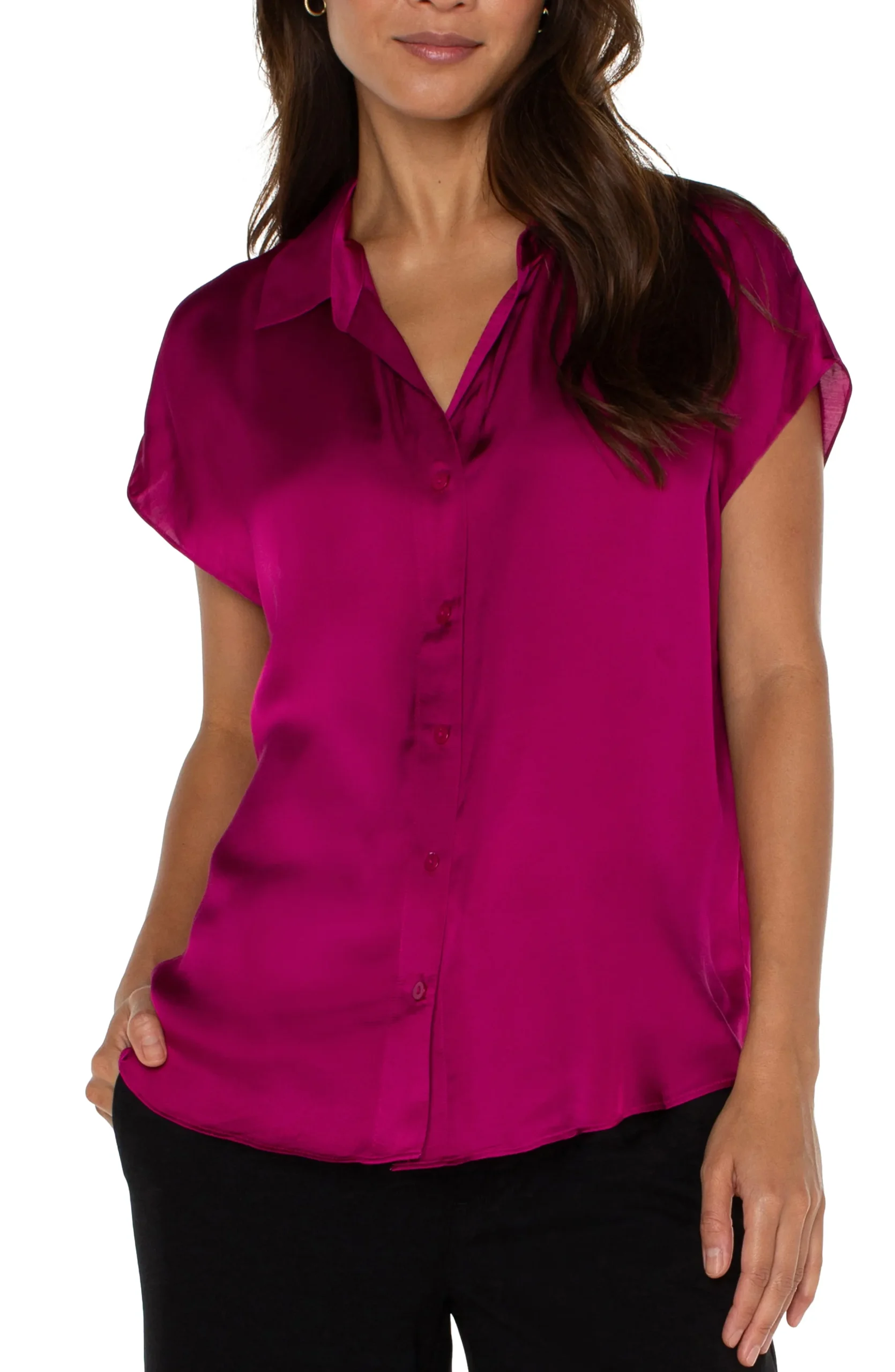 Liverpool Los Angeles Tops|Tops-BUTTON FRONT DOLMAN SLEEVE BLOUSE Fuchsiakiss