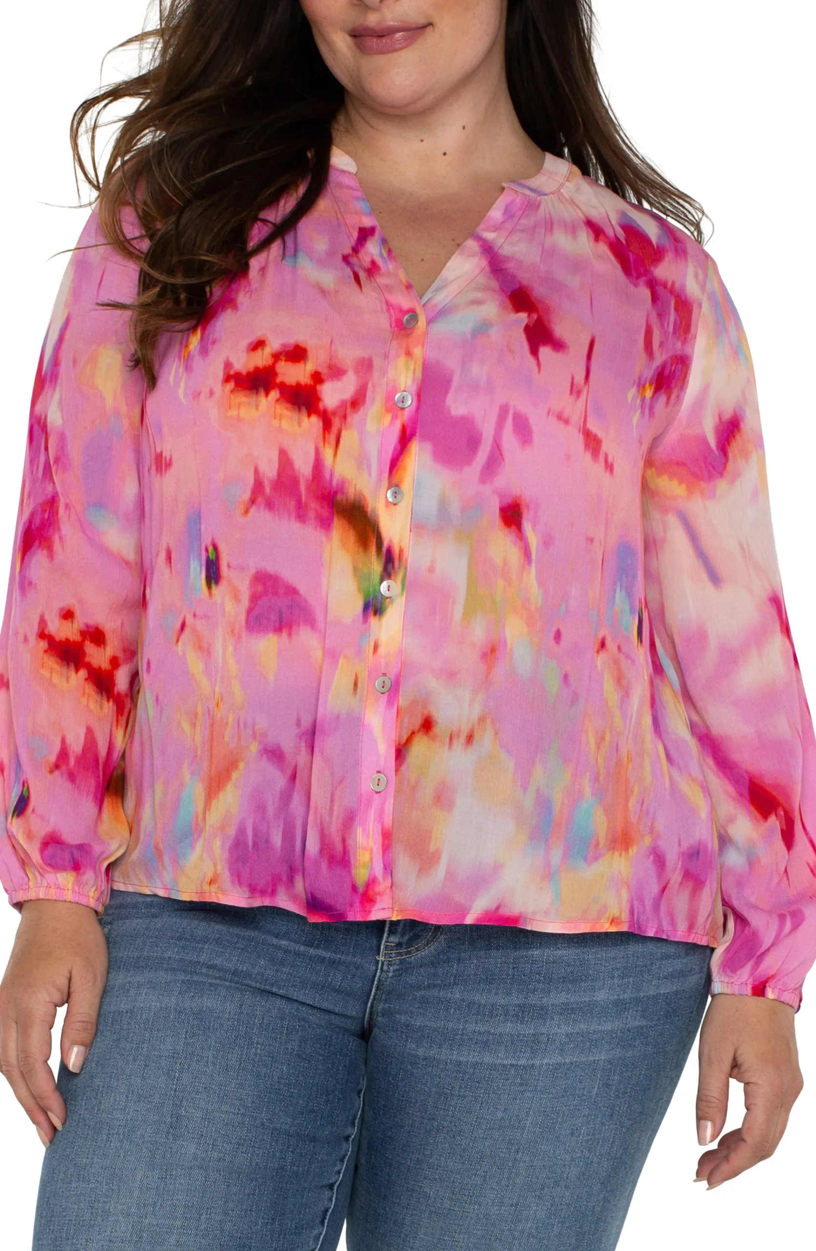 Liverpool Los Angeles Tops-BUTTON FRONT SHIRRED BLOUSE Fuchsiawatercolor
