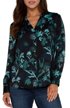 Liverpool Los Angeles Tops-BUTTON FRONT SHIRT WITH BANDED COLLAR Malachitefoliage