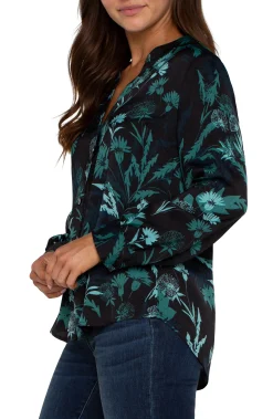 Liverpool Los Angeles Tops-BUTTON FRONT SHIRT WITH BANDED COLLAR Malachitefoliage