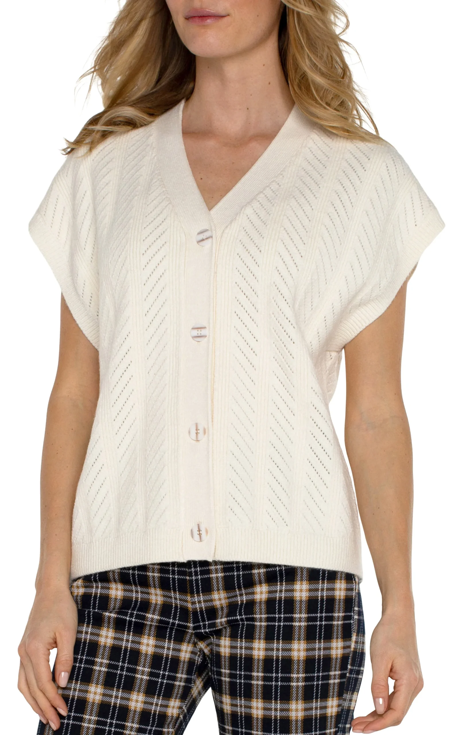 Liverpool Los Angeles Sweaters|Tees-BUTTON FRONT SWEATER VEST Cream