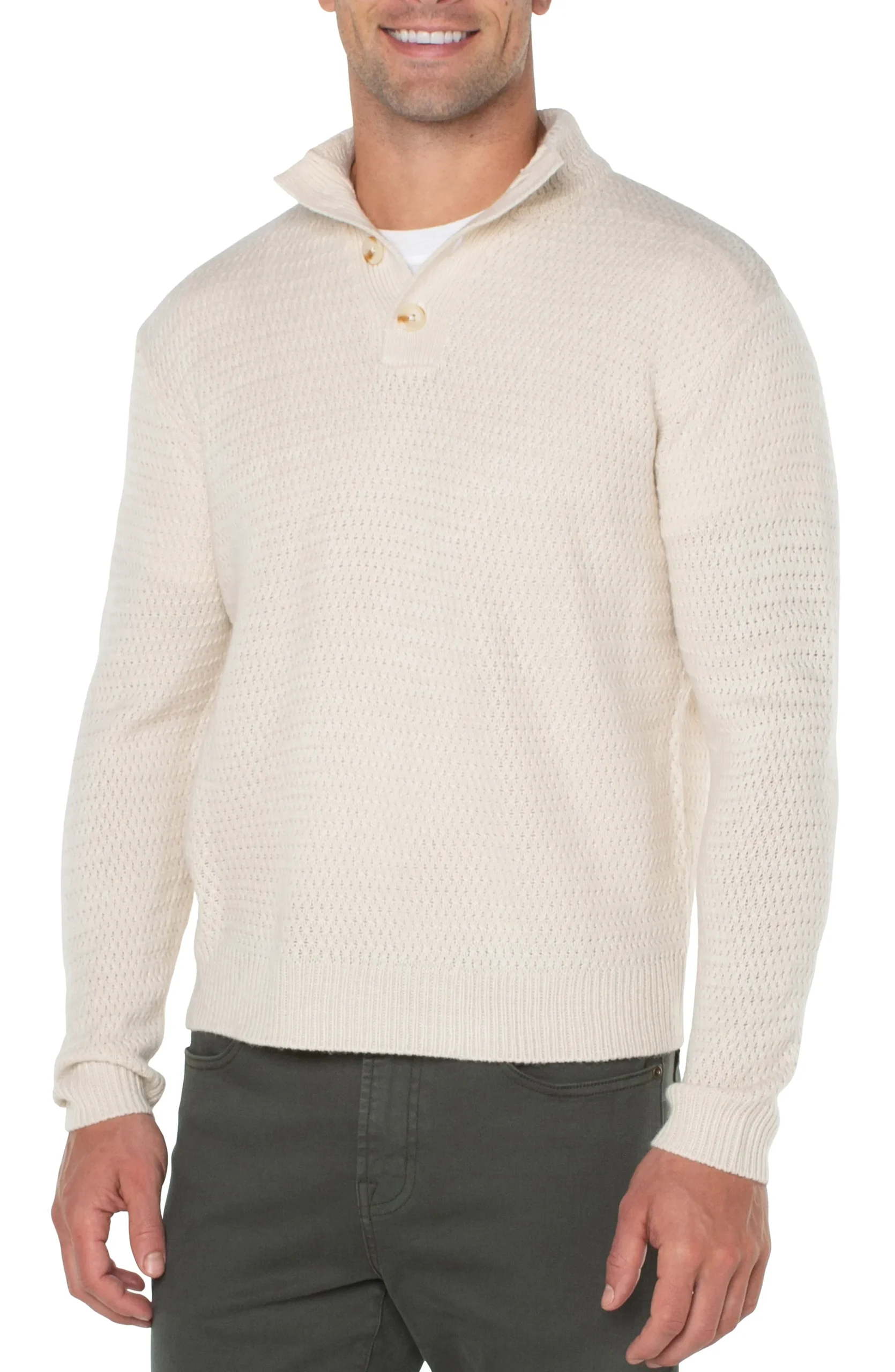 Liverpool Los Angeles Sweaters-BUTTON MOCK NECK SWEATER Cream