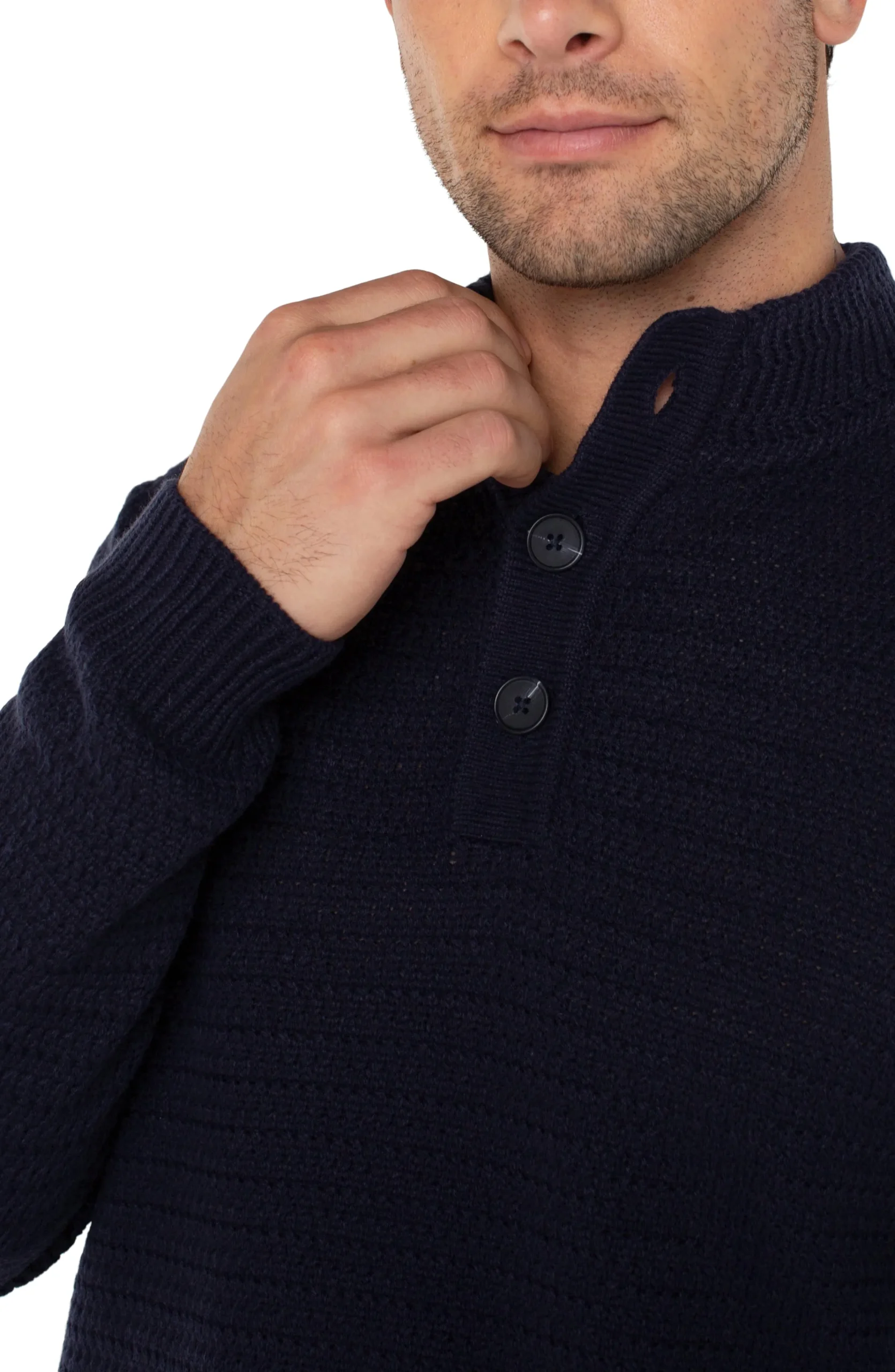 Liverpool Los Angeles Sweaters-BUTTON MOCK NECK SWEATER Navy
