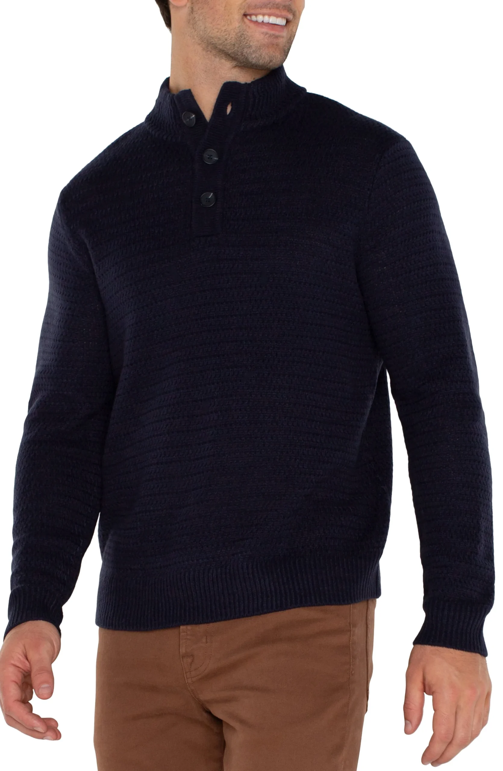 Liverpool Los Angeles Sweaters-BUTTON MOCK NECK SWEATER Navy
