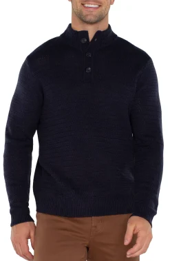 Liverpool Los Angeles Sweaters-BUTTON MOCK NECK SWEATER Navy