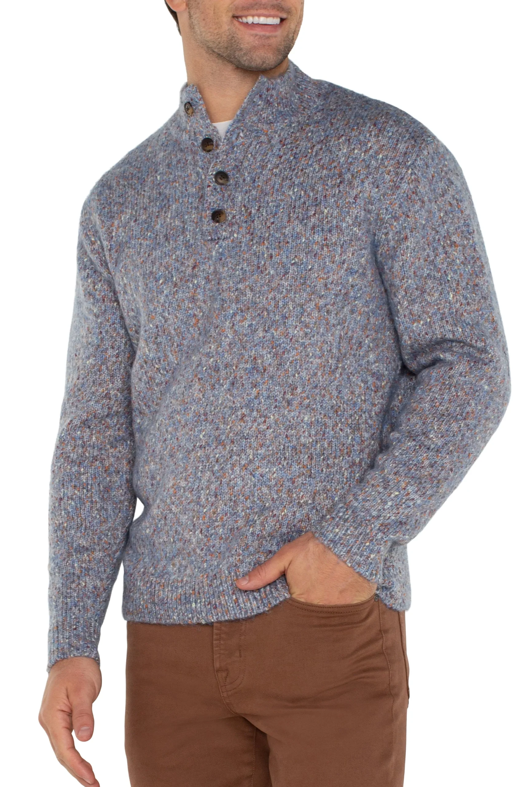 Liverpool Los Angeles Sweaters-BUTTON MOCK NECK SWEATER Lightbluemulti