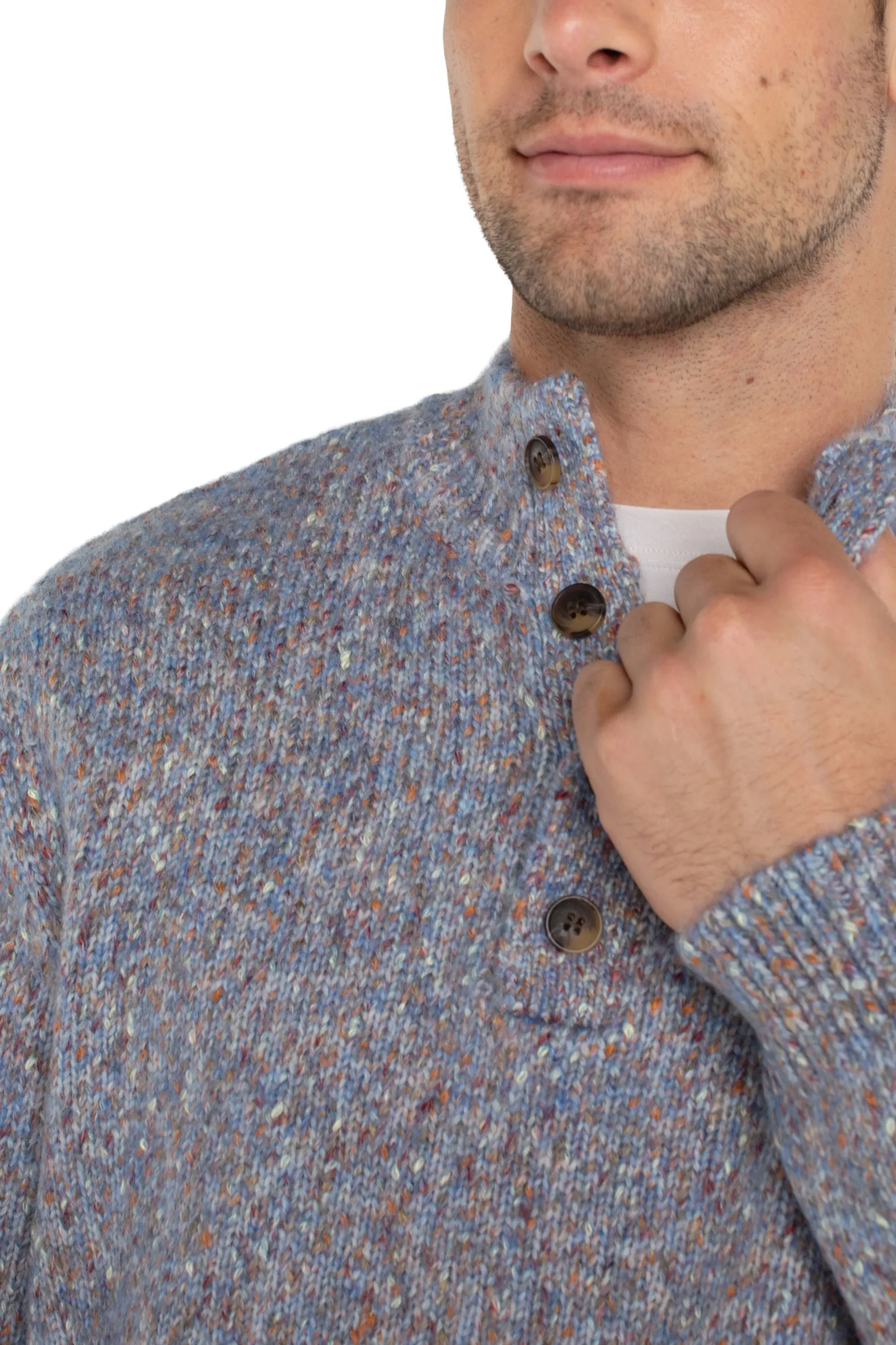 Liverpool Los Angeles Sweaters-BUTTON MOCK NECK SWEATER Lightbluemulti