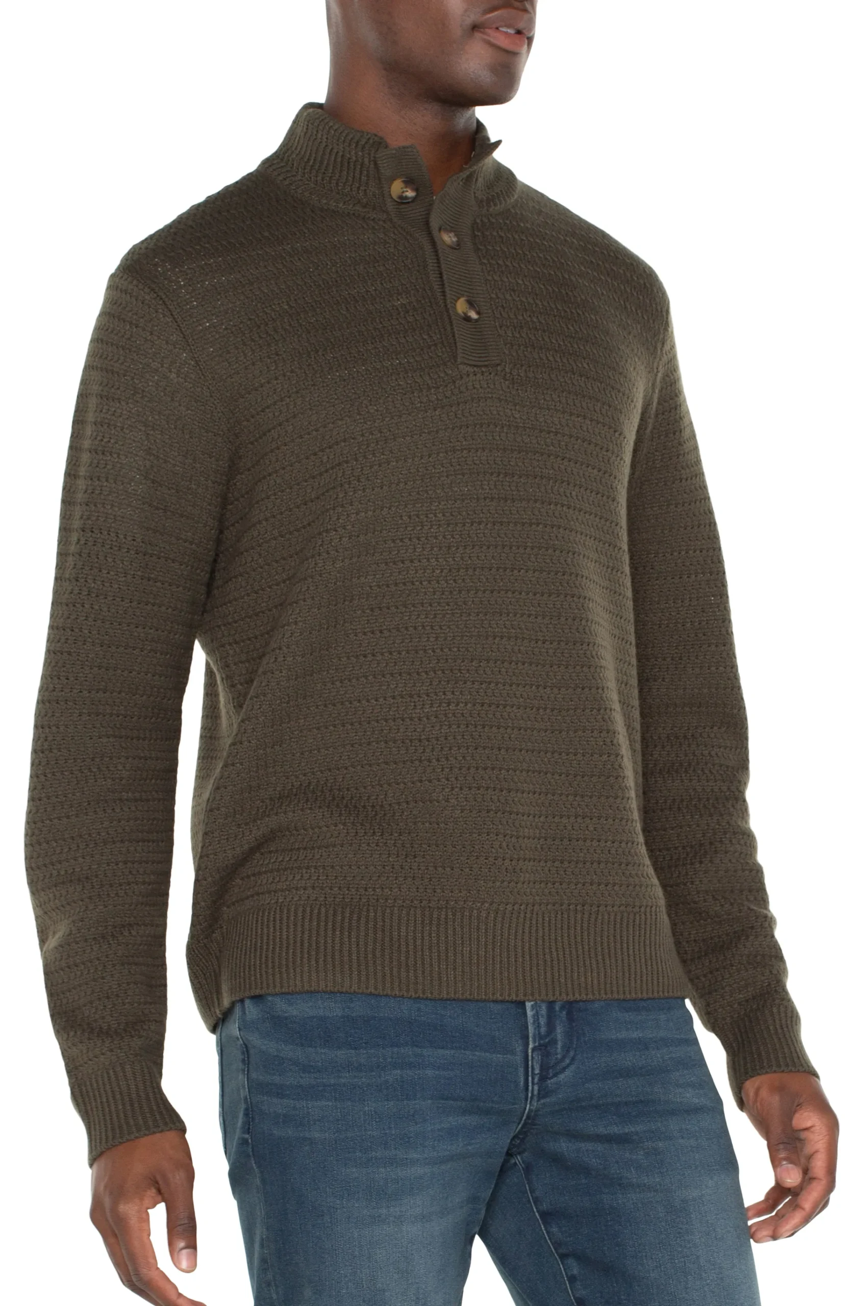 Liverpool Los Angeles Sweaters-BUTTON MOCK NECK SWEATER Olive