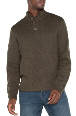 Liverpool Los Angeles Sweaters-BUTTON MOCK NECK SWEATER Olive