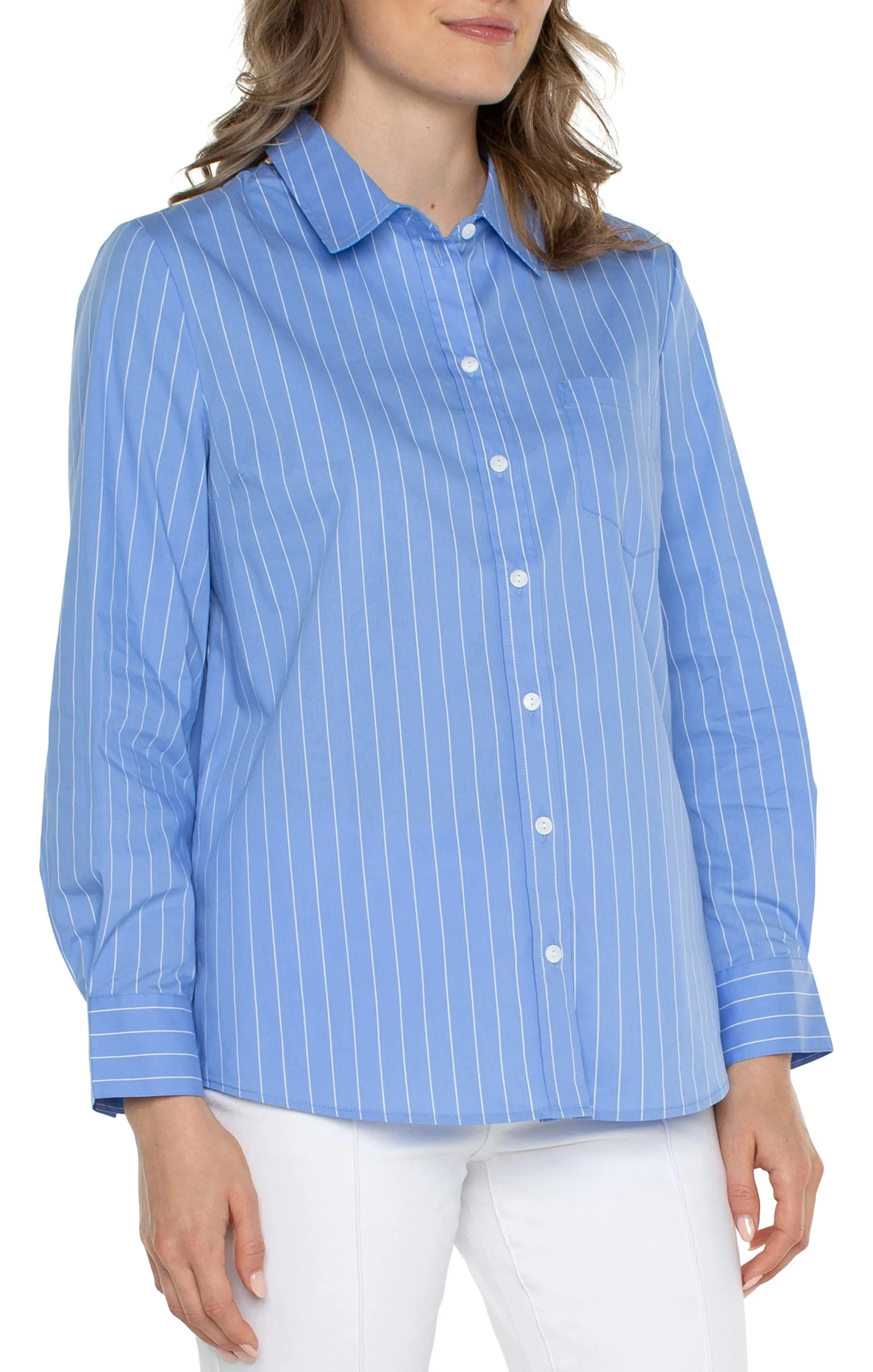 Liverpool Los Angeles Tops-CLASSIC BUTTON FRONT POPLIN SHIRT Lightbluewhitepinstripe