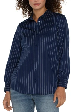 Liverpool Los Angeles Tops-CLASSIC BUTTON FRONT POPLIN SHIRT Navywhitepinstripe