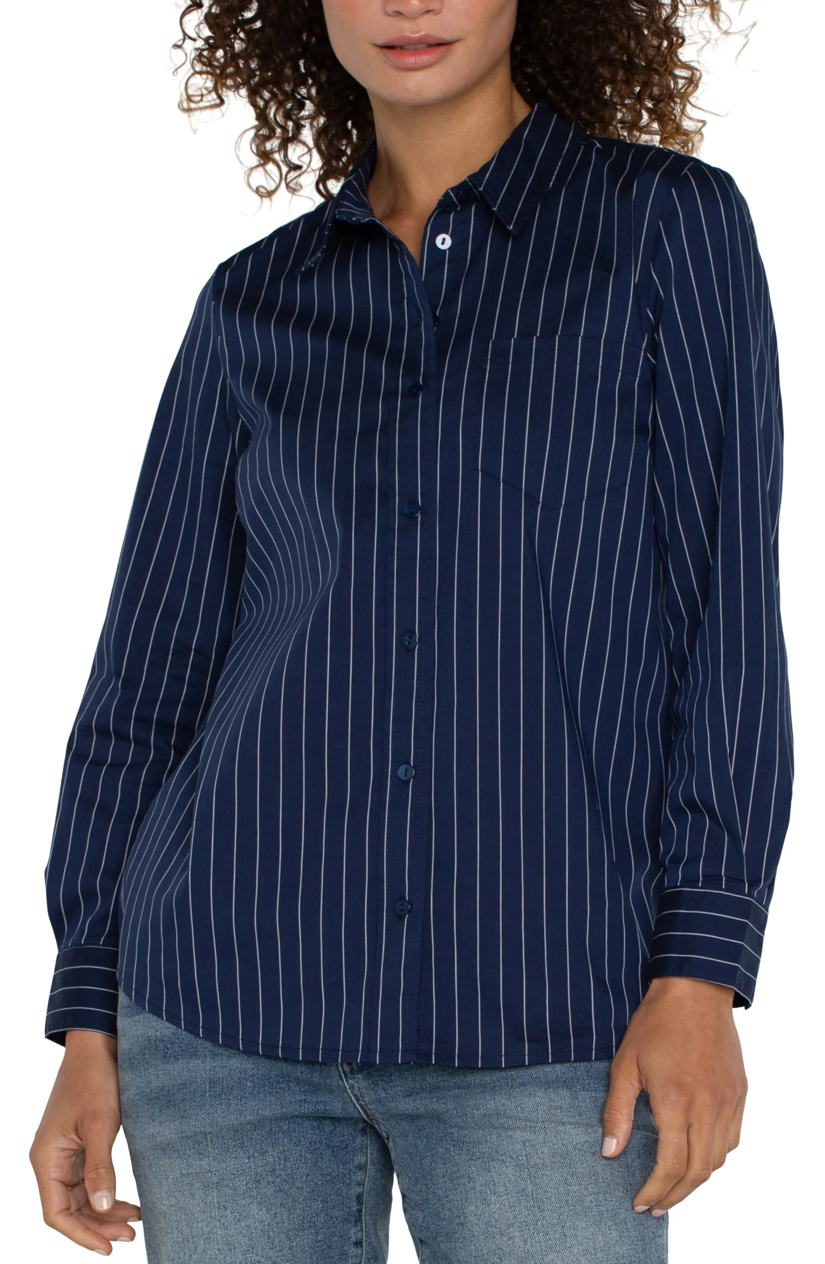 Liverpool Los Angeles Tops-CLASSIC BUTTON FRONT POPLIN SHIRT Navywhitepinstripe