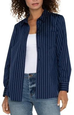 Liverpool Los Angeles Tops-CLASSIC BUTTON FRONT POPLIN SHIRT Navywhitepinstripe