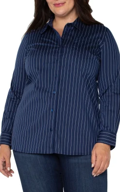 Liverpool Los Angeles Tops-CLASSIC BUTTON FRONT POPLIN SHIRT Navywhitepinstripe