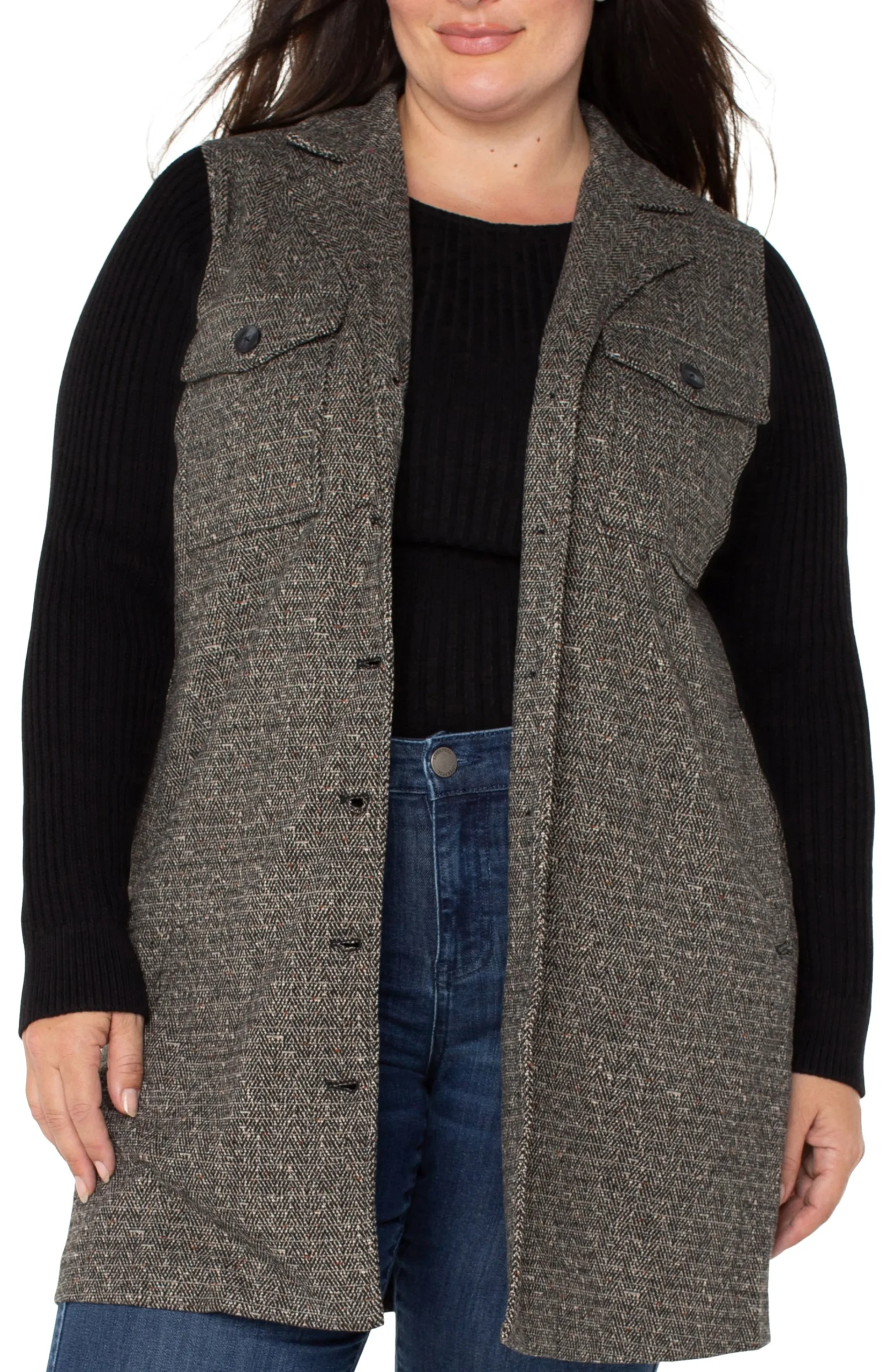 Liverpool Los Angeles Jackets-COATIGAN WITH SWEATER SLEEVES Blacktanherringbone