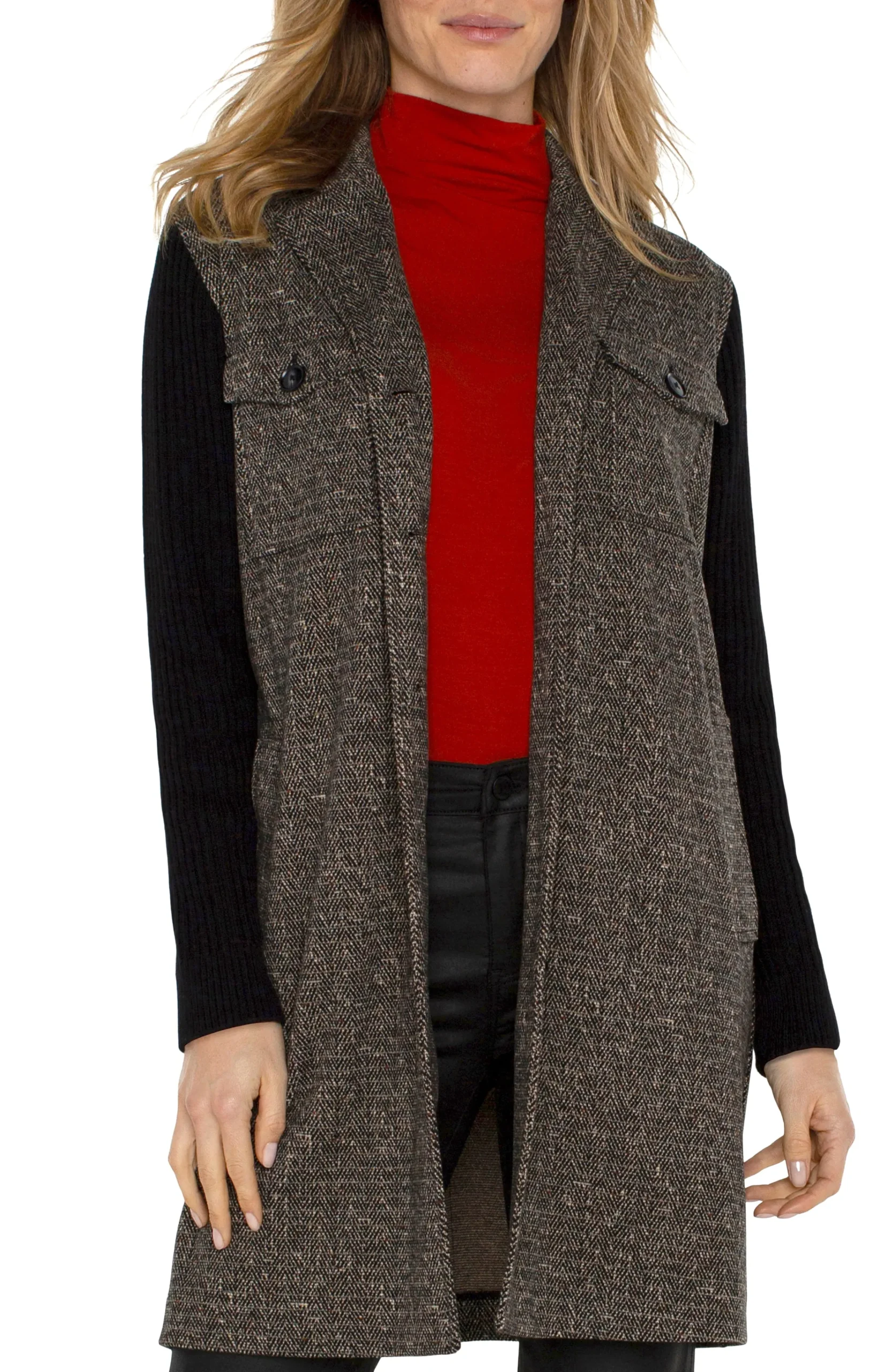 Liverpool Los Angeles Coatigans-COATIGAN WITH SWEATER SLEEVES Blacktanherringbone