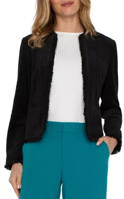 Liverpool Los Angeles Jackets-COLLARLESS JACKET WITH FRAYED EDGES Black