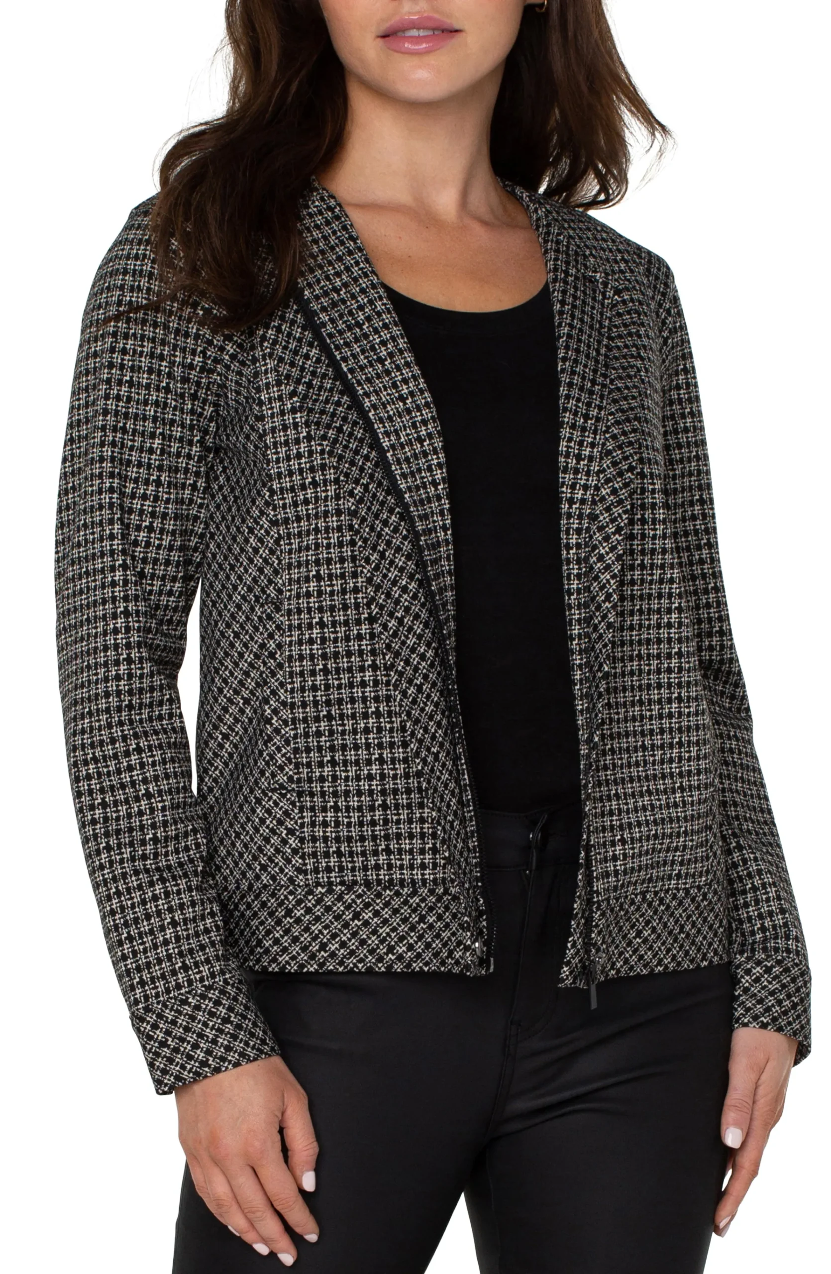 Liverpool Los Angeles Jackets-COLLARLESS ZIP UP JACKET Blacktanlatticeplaid