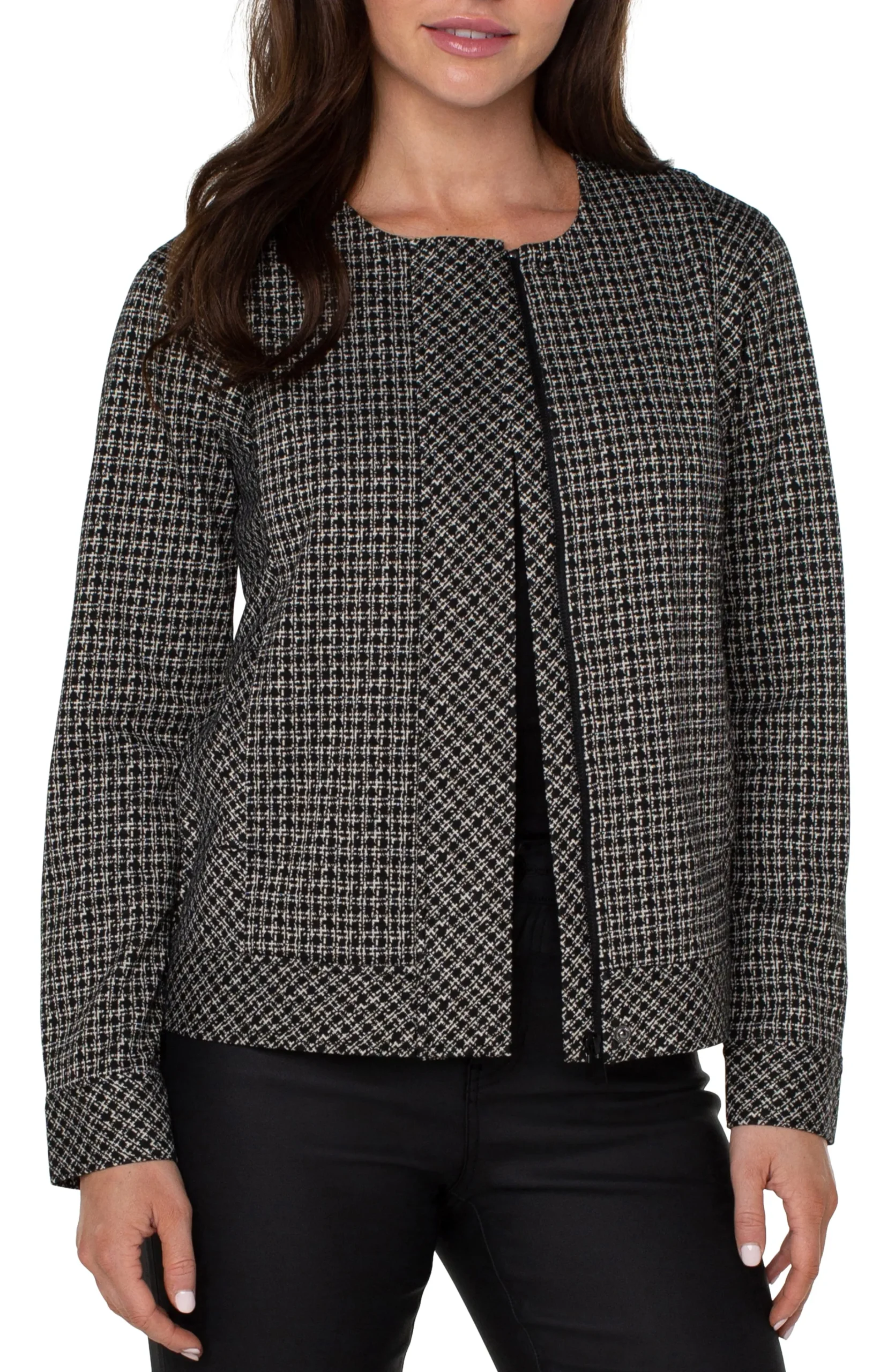 Liverpool Los Angeles Jackets-COLLARLESS ZIP UP JACKET Blacktanlatticeplaid