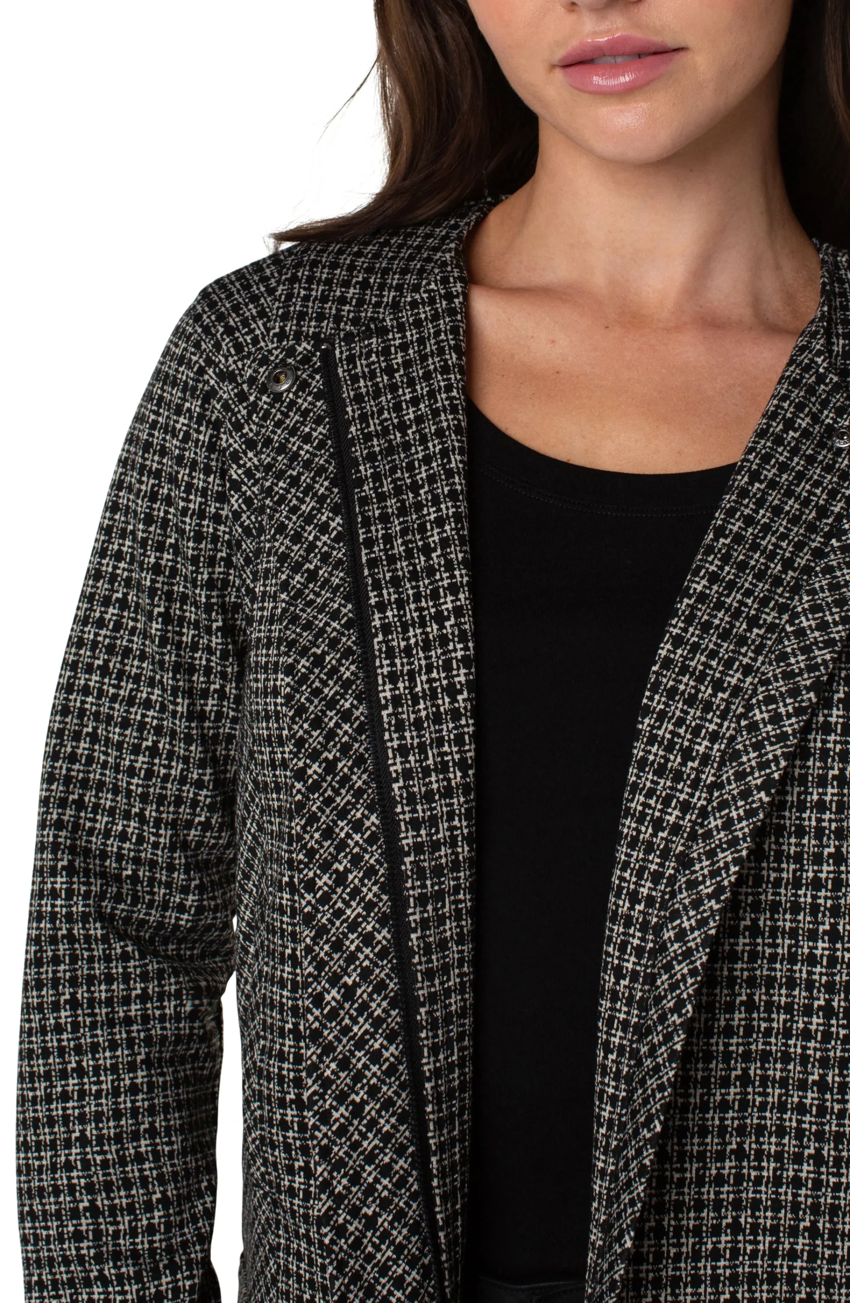 Liverpool Los Angeles Jackets-COLLARLESS ZIP UP JACKET Blacktanlatticeplaid