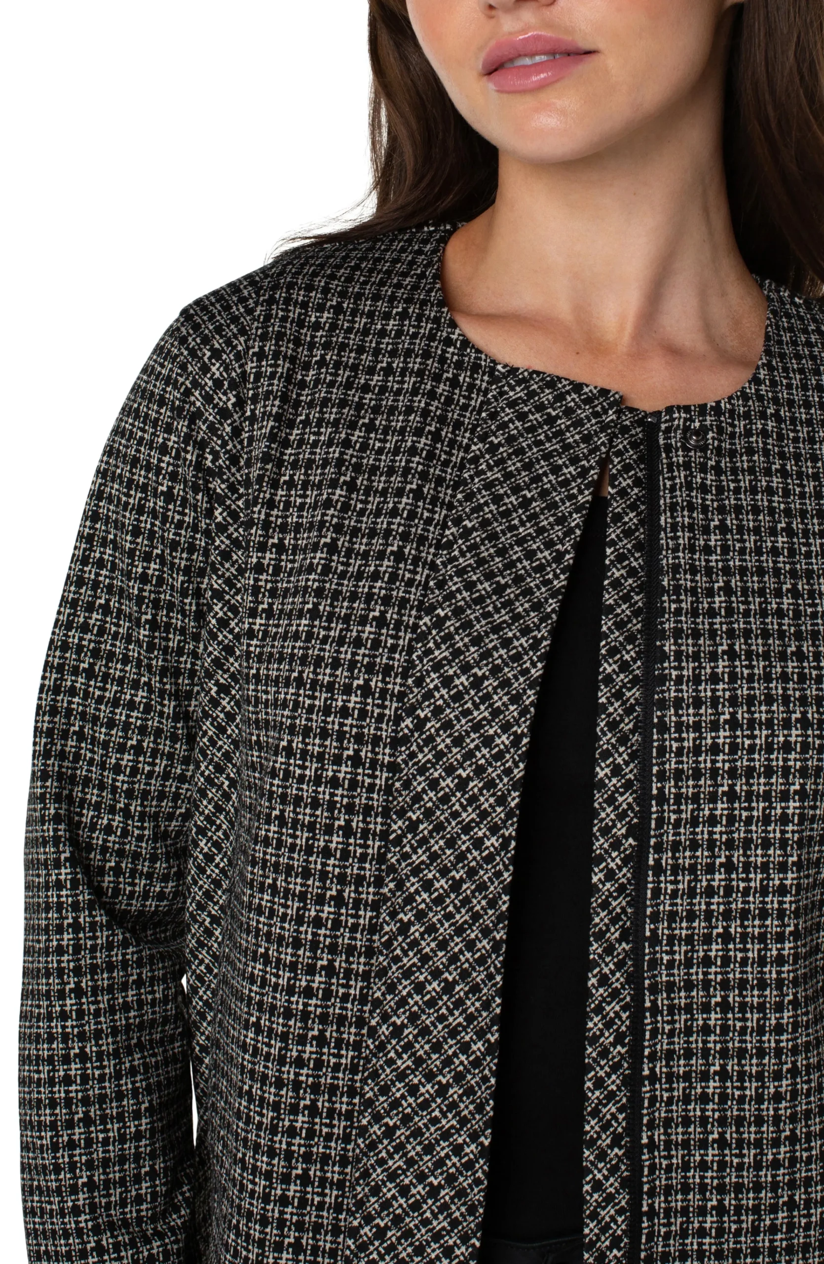 Liverpool Los Angeles Jackets-COLLARLESS ZIP UP JACKET Blacktanlatticeplaid