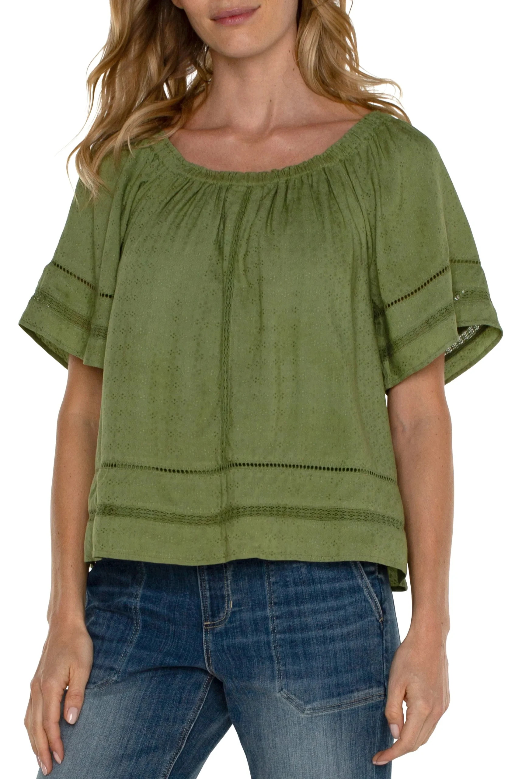 Liverpool Los Angeles Tops-CROPPED BELL SLEEVE WOVEN TOP Eucalyptus
