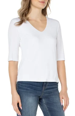 Liverpool Los Angeles Tees-DOUBLE LAYER V-NECK RIB KNIT TOP Cream