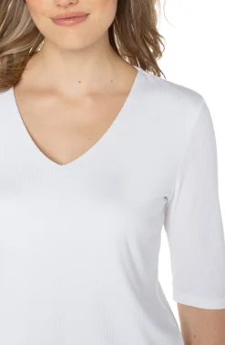 Liverpool Los Angeles Tees-DOUBLE LAYER V-NECK RIB KNIT TOP Cream