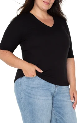 Liverpool Los Angeles Tops-DOUBLE LAYER V-NECK RIB KNIT TOP Black