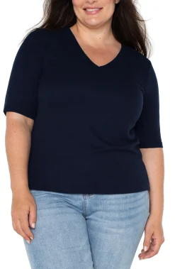 Liverpool Los Angeles Tops-DOUBLE LAYER V-NECK RIB KNIT TOP Darknavy