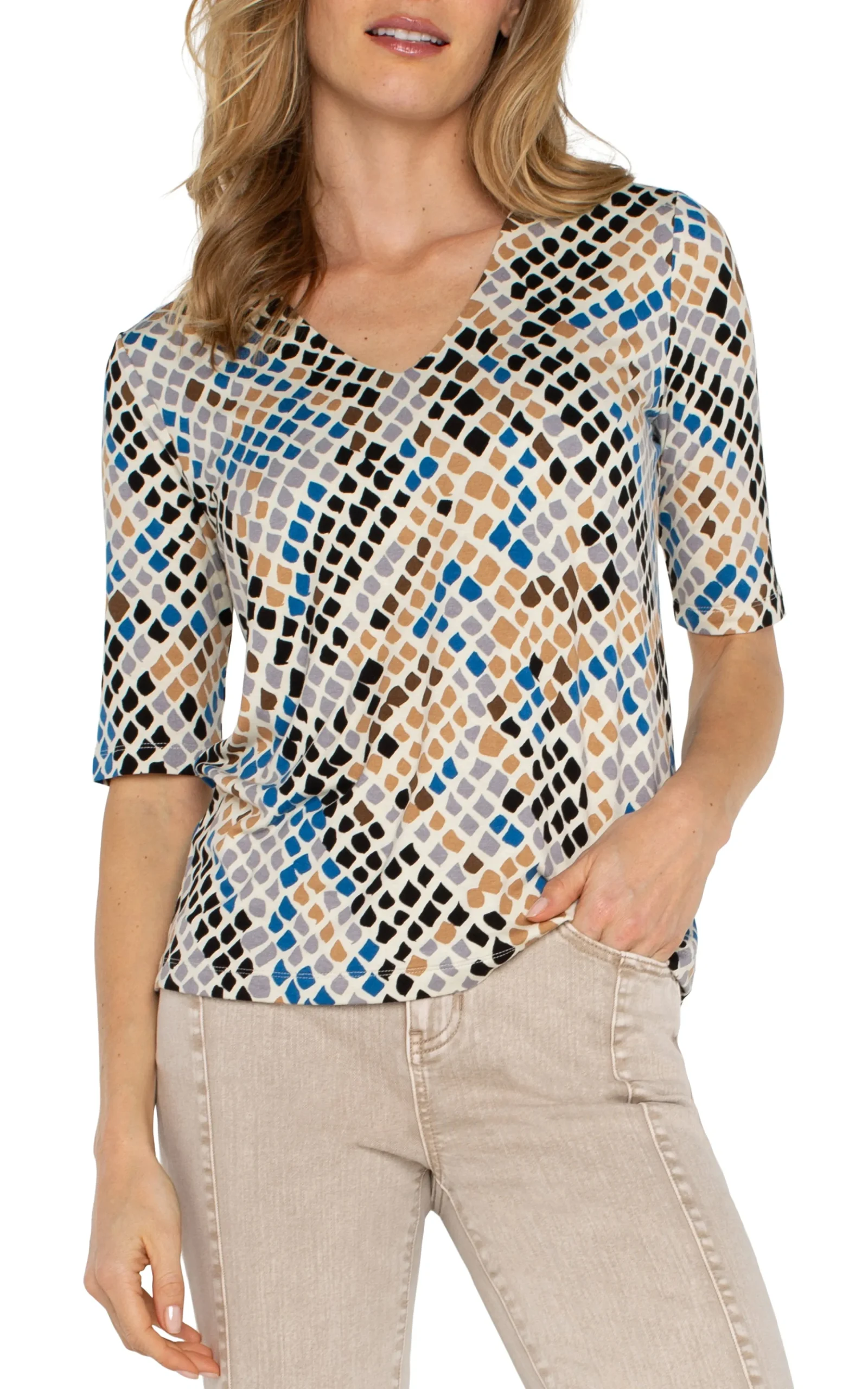 Liverpool Los Angeles Tees|Tops-DOUBLE LAYER V-NECK RIB KNIT TOP Lapissnakemulti