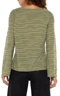 Liverpool Los Angeles Tees-FLARED SLEEVE BOAT NECK KNIT TOP Spanisholivestripe