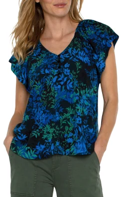Liverpool Los Angeles Tops|Tops-FLUTTER SLEEVE RAGLAN WOVEN TOP Bluetopazmulti