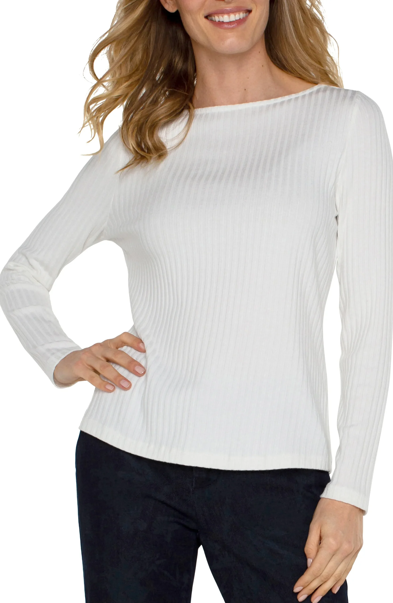 Liverpool Los Angeles Tees-LONG SLEEVE BOAT NECK KNIT TOP Snow