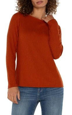 Liverpool Los Angeles Tees-LONG SLEEVE BOAT NECK KNIT TOP Cedar
