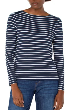 Liverpool Los Angeles Sweaters|Tees-LONG SLEEVE BOATNECK KNIT TOP Darknavywhitestripe