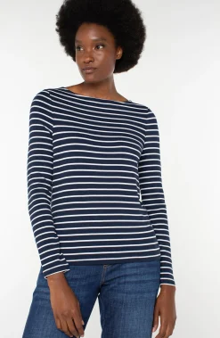 Liverpool Los Angeles Sweaters|Tees-LONG SLEEVE BOATNECK KNIT TOP Darknavywhitestripe