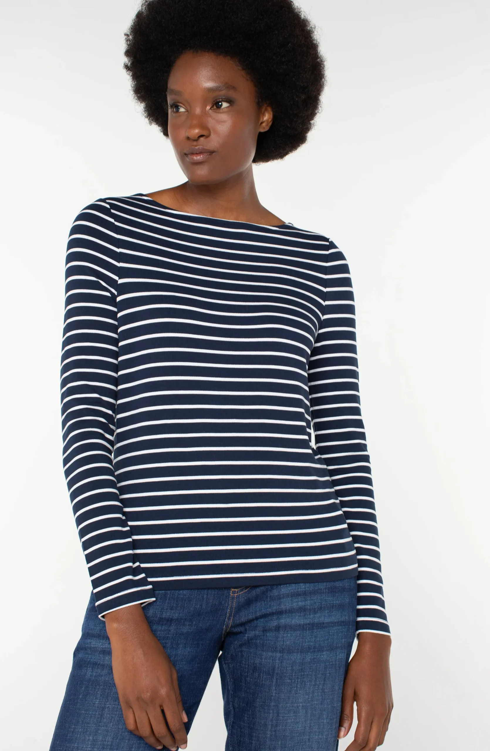 Liverpool Los Angeles Sweaters|Tees-LONG SLEEVE BOATNECK KNIT TOP Darknavywhitestripe