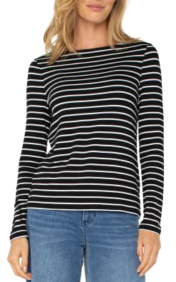 Liverpool Los Angeles Tees-LONG SLEEVE BOATNECK KNIT TOP Blackwhitestripe