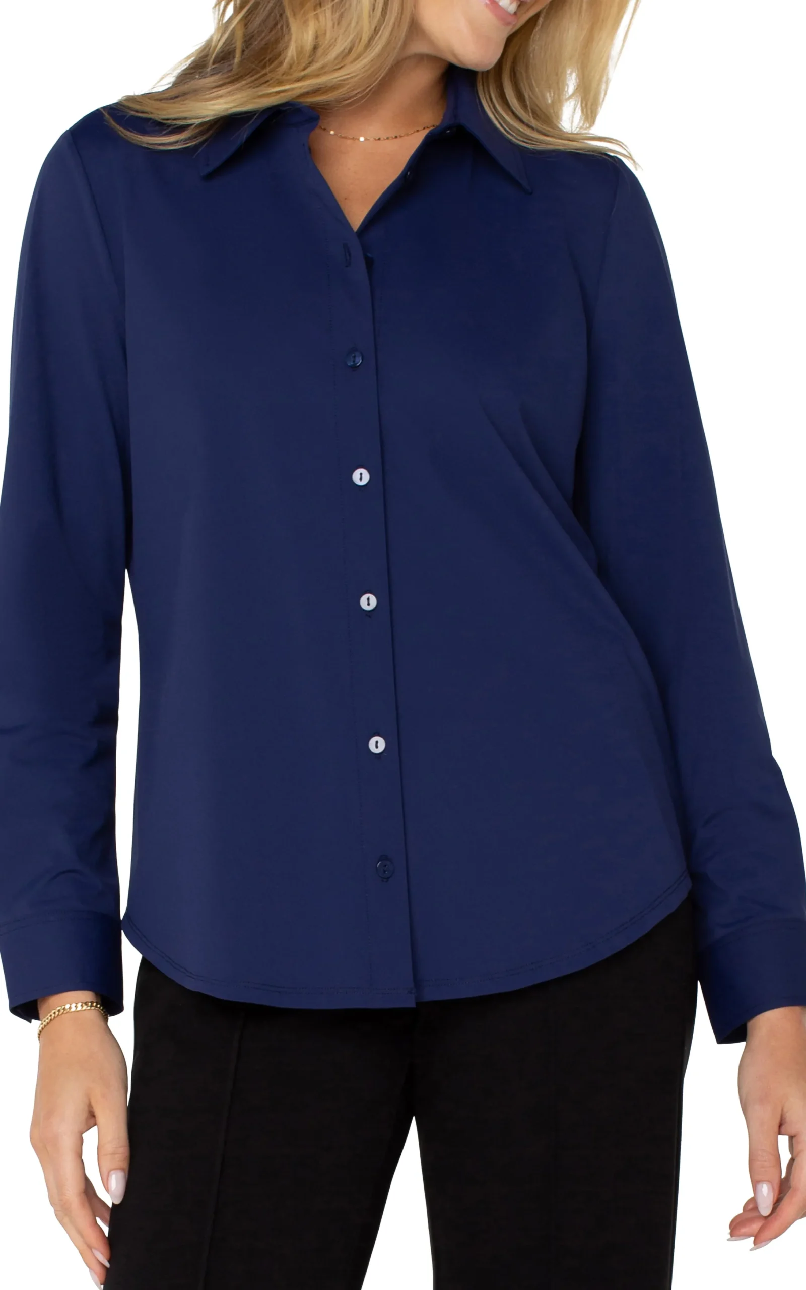 Liverpool Los Angeles Tops-LONG SLEEVE BUTTON FRONT KNIT SHIRT Navyink